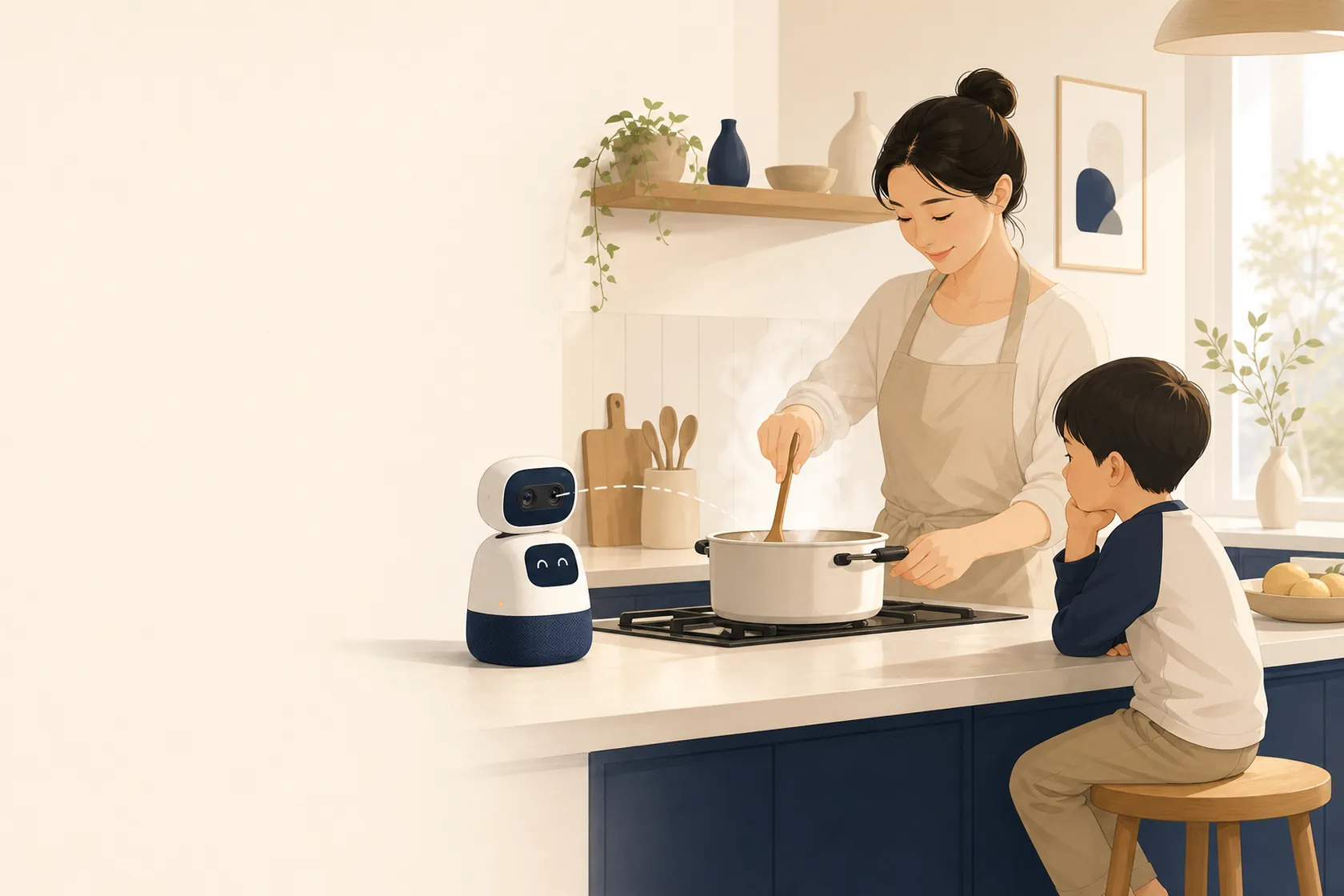 KinSense One 在厨房陪伴家人做饭 · KinSense One watching over a family kitchen
